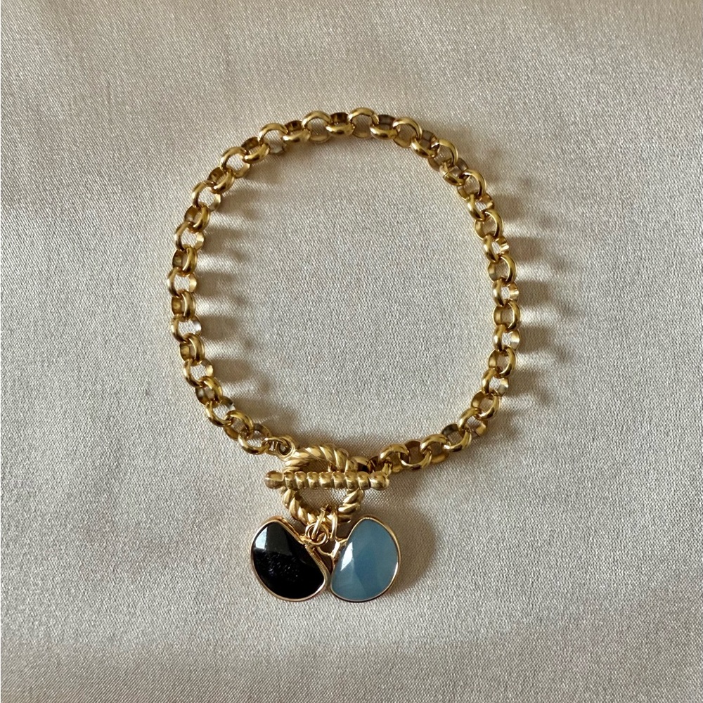 18k Gold Plated Stainless Steel Toggle Clasp Bracelet with Two Gemstone Charms - Picture 4 of 6